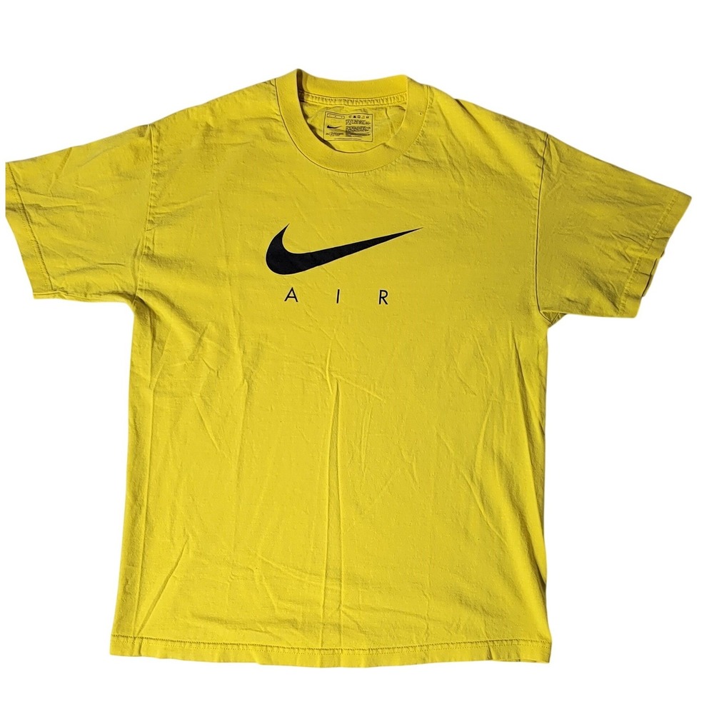 Nike Air Graphic T-Shirt Mens Large Yellow Black Swoosh Logo Cotton Tee